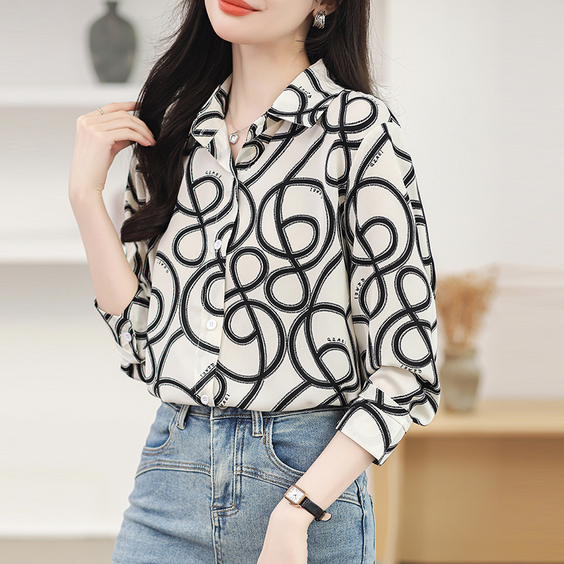 Chiffon long sleeve printing tops lapel pattern shirt