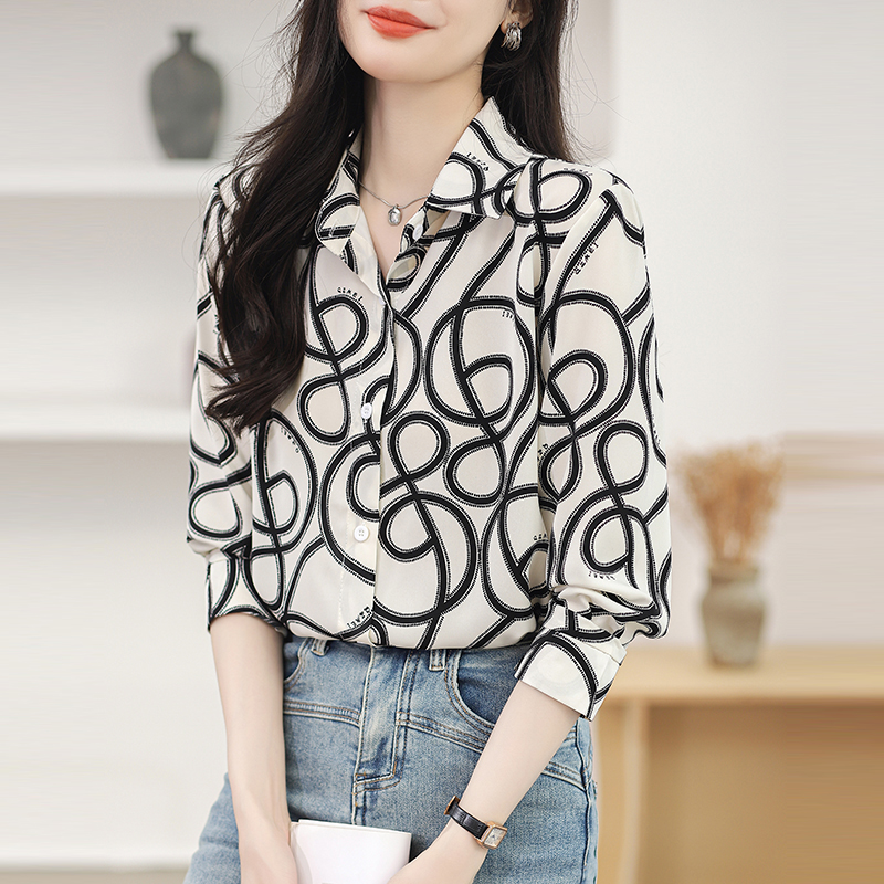 Chiffon long sleeve printing tops lapel pattern shirt