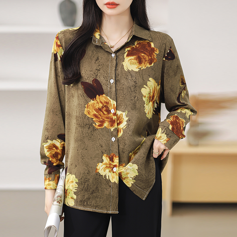 Long sleeve retro printing chiffon shirt