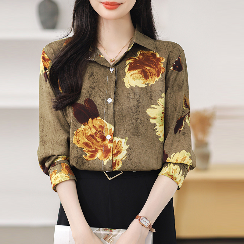 Long sleeve retro printing chiffon shirt