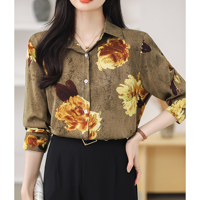 Long sleeve retro printing chiffon shirt