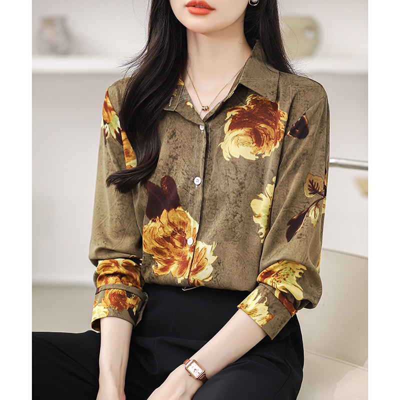 Long sleeve retro printing chiffon shirt