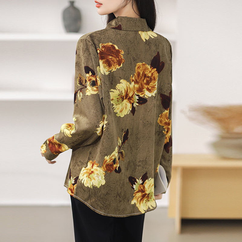 Long sleeve retro printing chiffon shirt