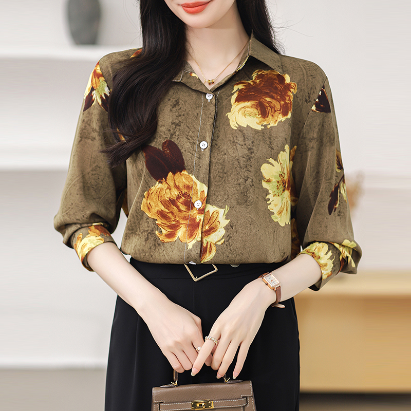 Long sleeve retro printing chiffon shirt