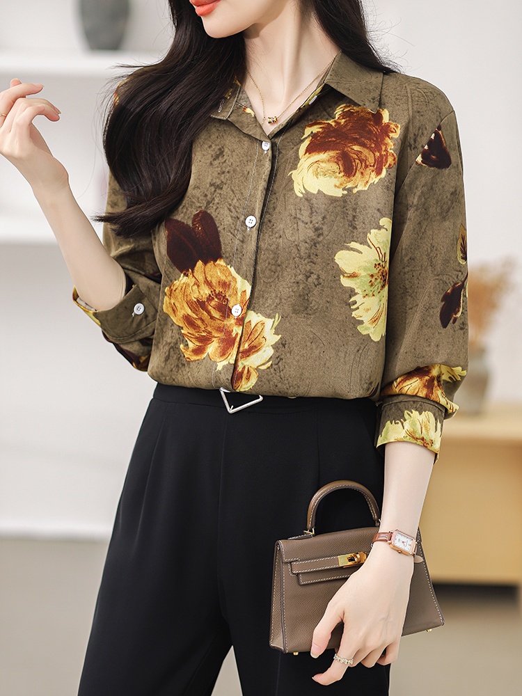 Long sleeve retro printing chiffon shirt