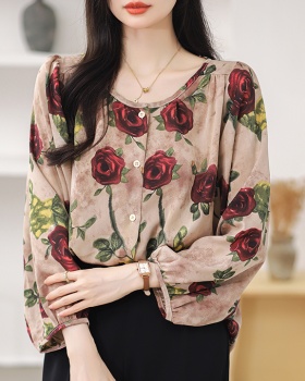 Rose floral lantern sleeve long sleeve shirt for women