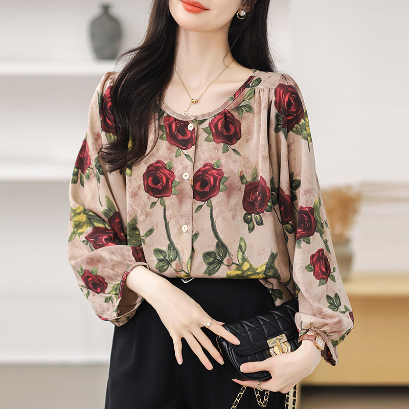 Rose floral lantern sleeve long sleeve shirt for women