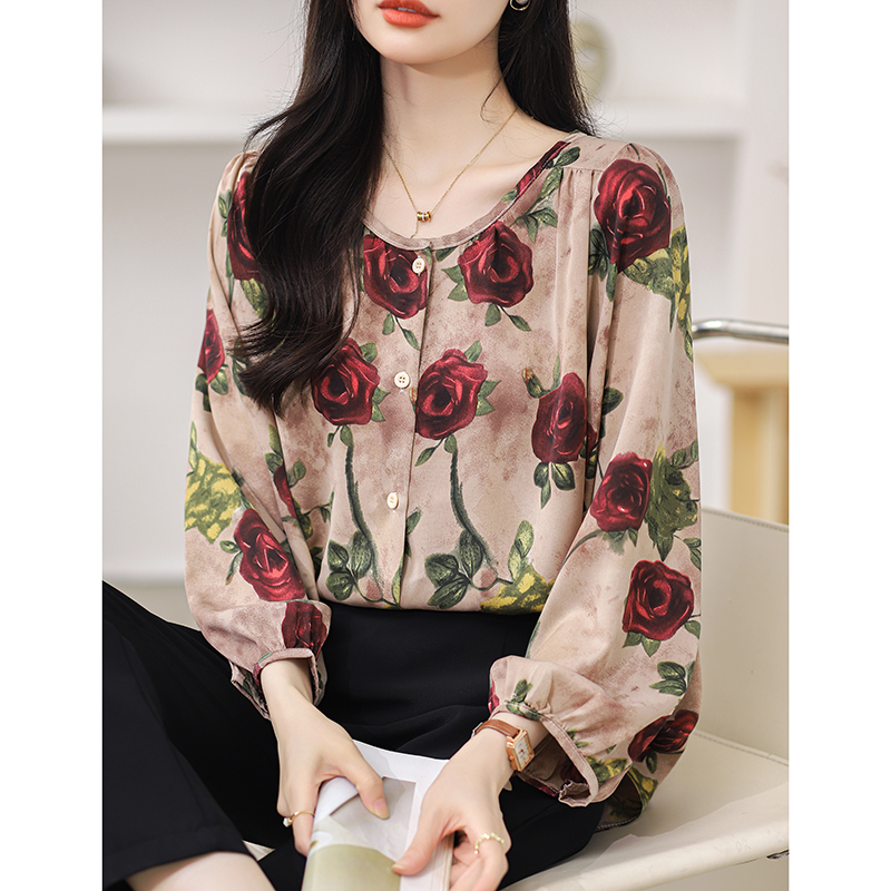 Rose floral lantern sleeve long sleeve shirt for women