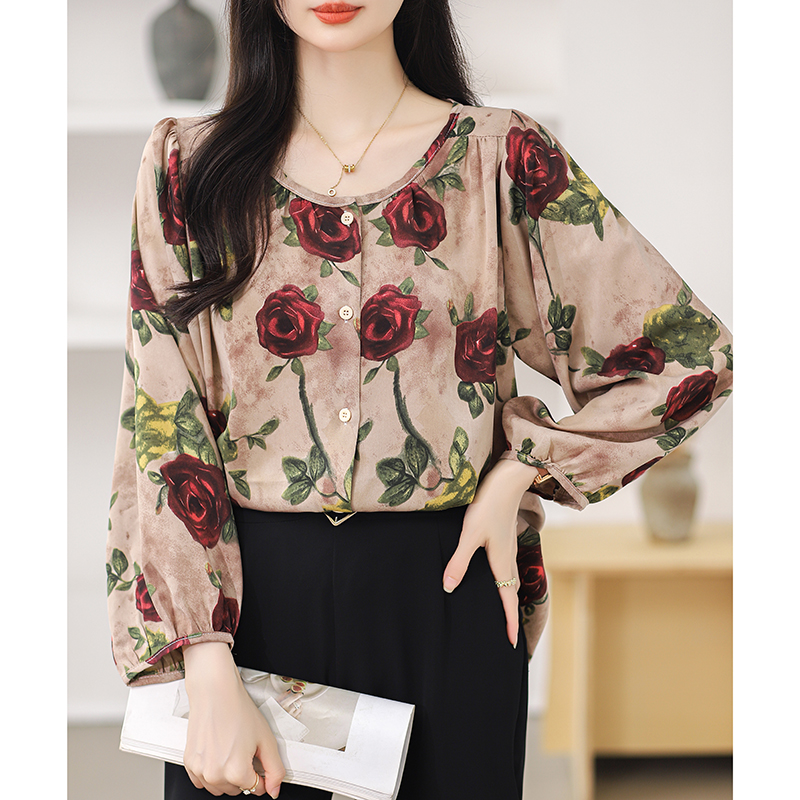 Rose floral lantern sleeve long sleeve shirt for women