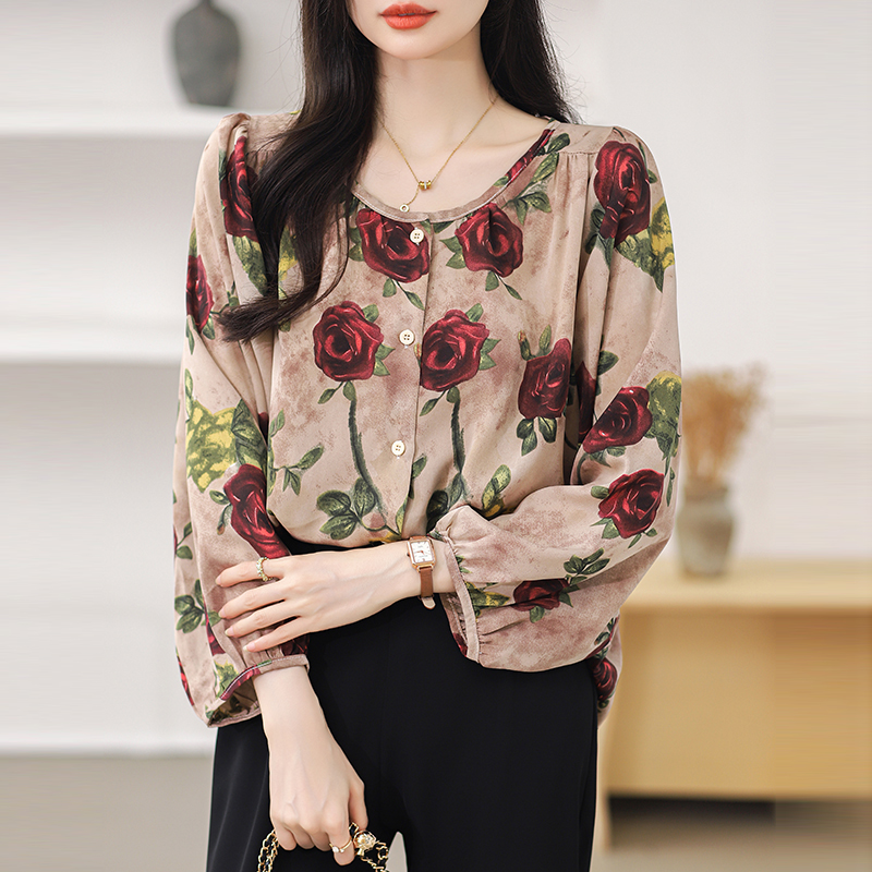 Rose floral lantern sleeve long sleeve shirt for women