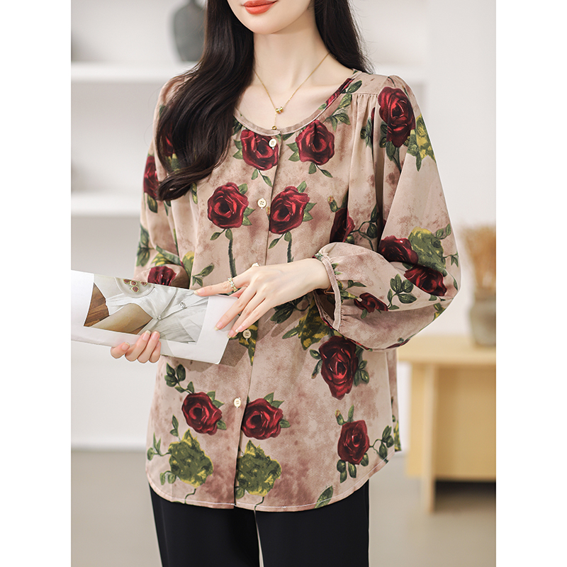 Rose floral lantern sleeve long sleeve shirt for women