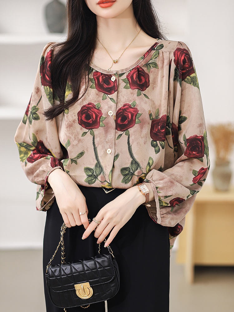 Rose floral lantern sleeve long sleeve shirt for women