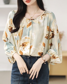 Spring round neck chiffon shirt printing shirt for women