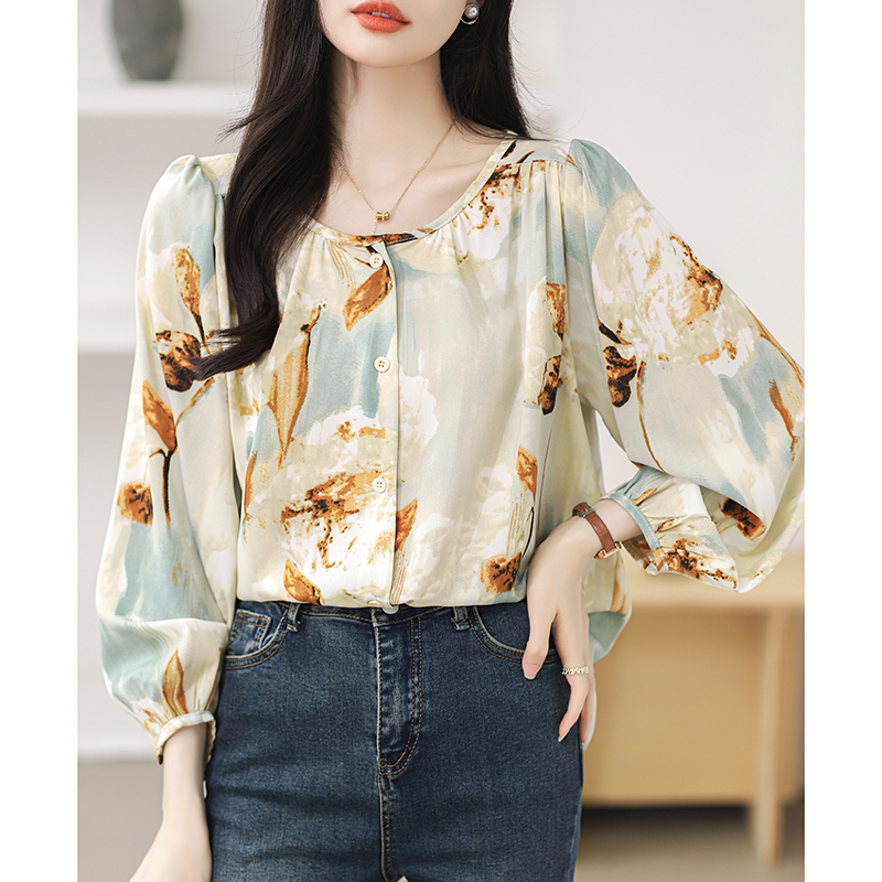 Spring round neck chiffon shirt printing shirt for women