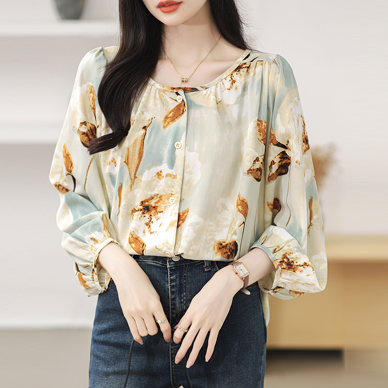 Spring round neck chiffon shirt printing shirt for women