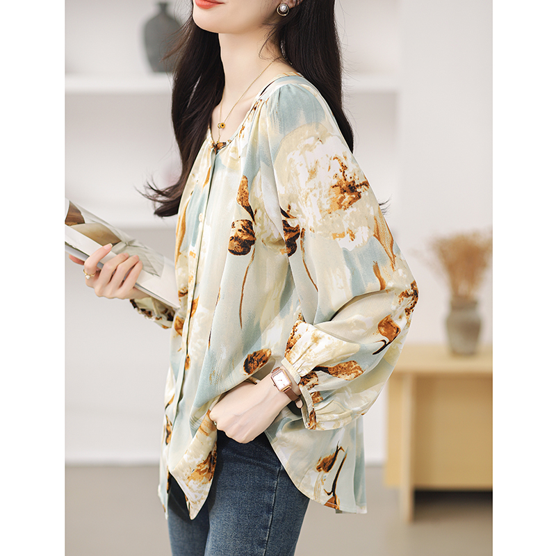 Spring round neck chiffon shirt printing shirt for women