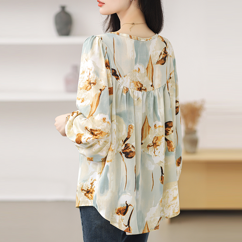 Spring round neck chiffon shirt printing shirt for women