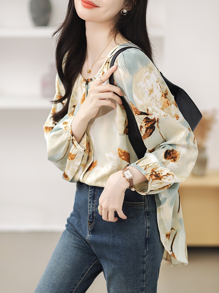 Spring round neck chiffon shirt printing shirt for women