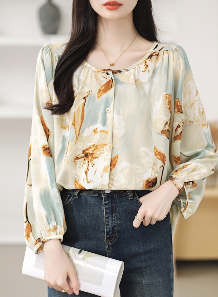 Spring round neck chiffon shirt printing shirt for women