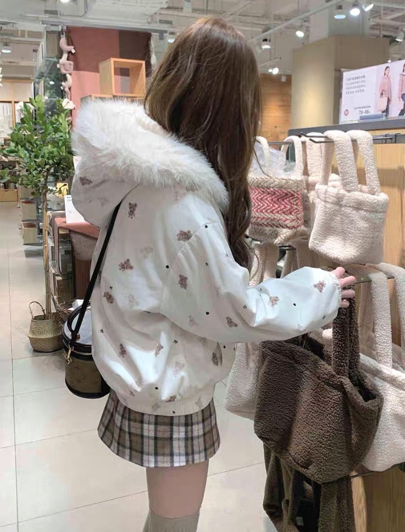 Sweet short printing coat wear winter plush tops