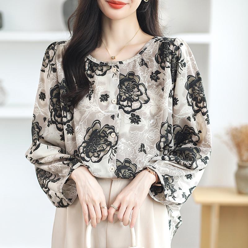 Loose long shirt round neck chiffon shirt for women