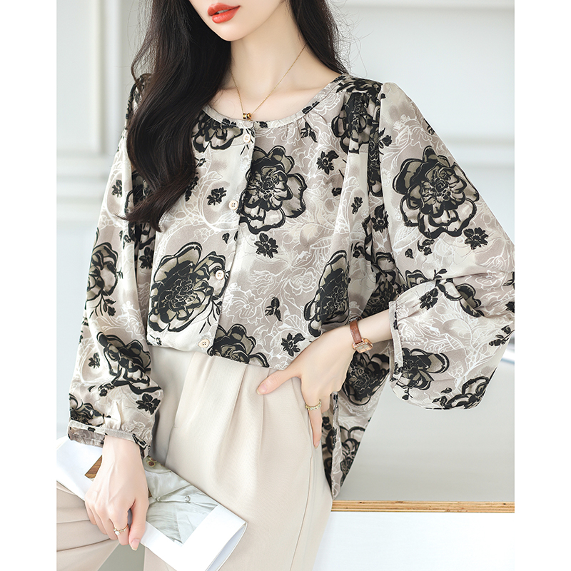 Loose long shirt round neck chiffon shirt for women