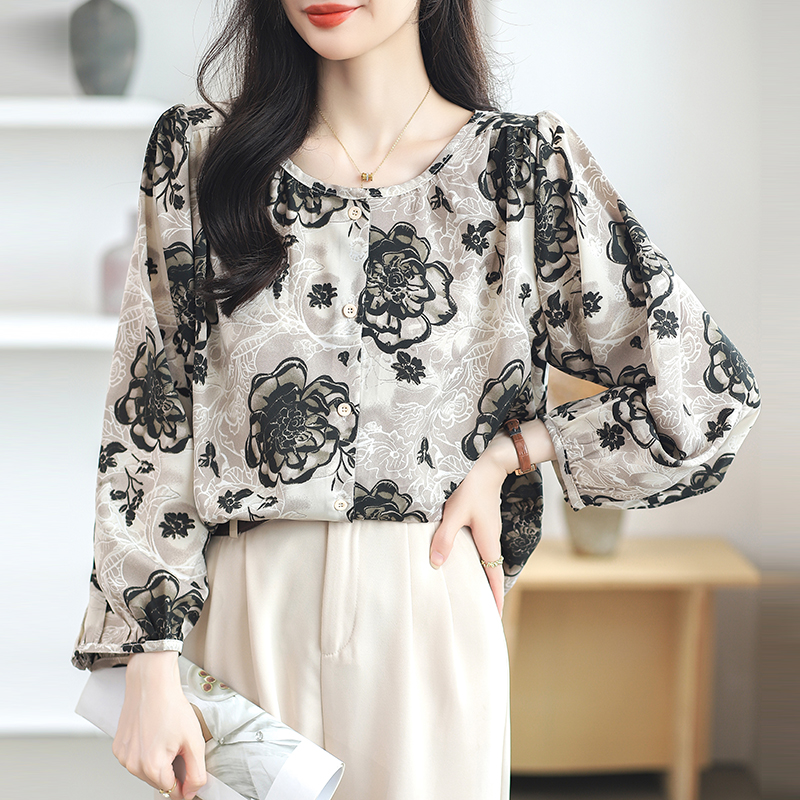 Loose long shirt round neck chiffon shirt for women