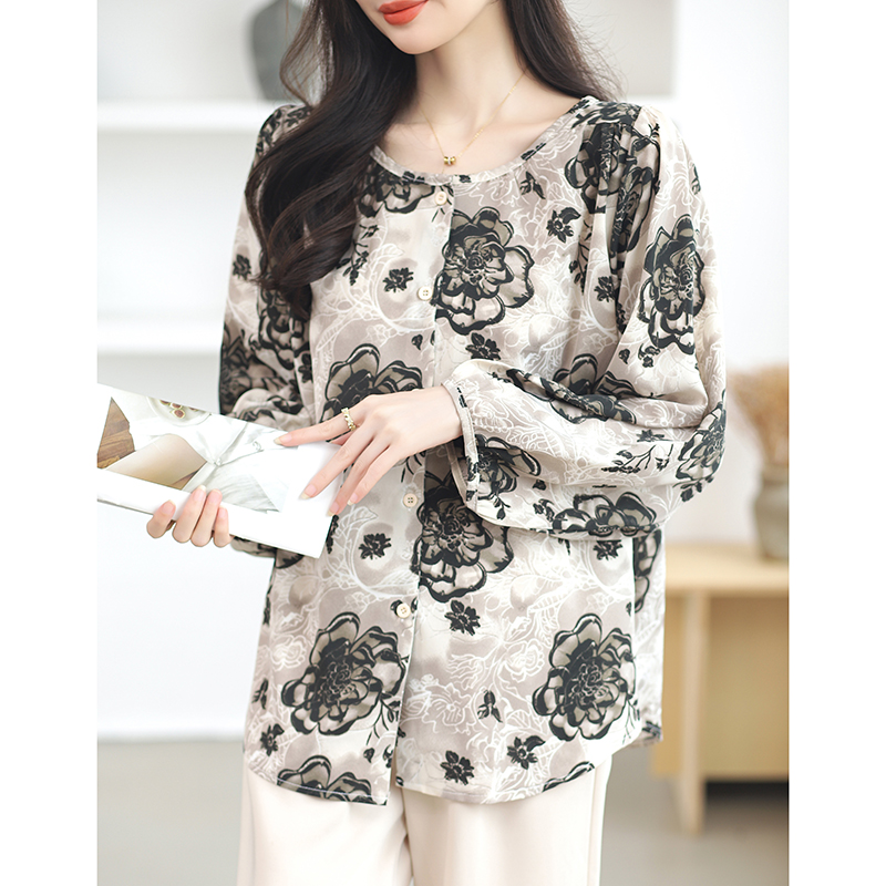 Loose long shirt round neck chiffon shirt for women