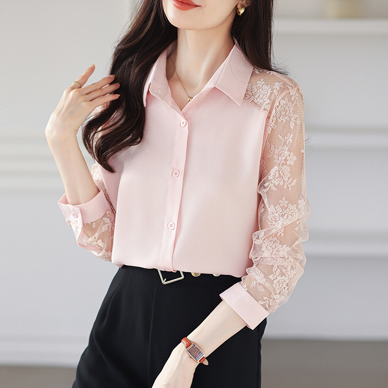 Lace unique shirt long sleeve splice tops for women