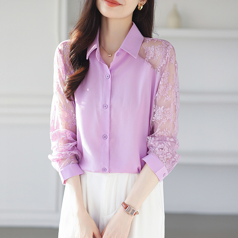 Lace unique shirt long sleeve splice tops for women