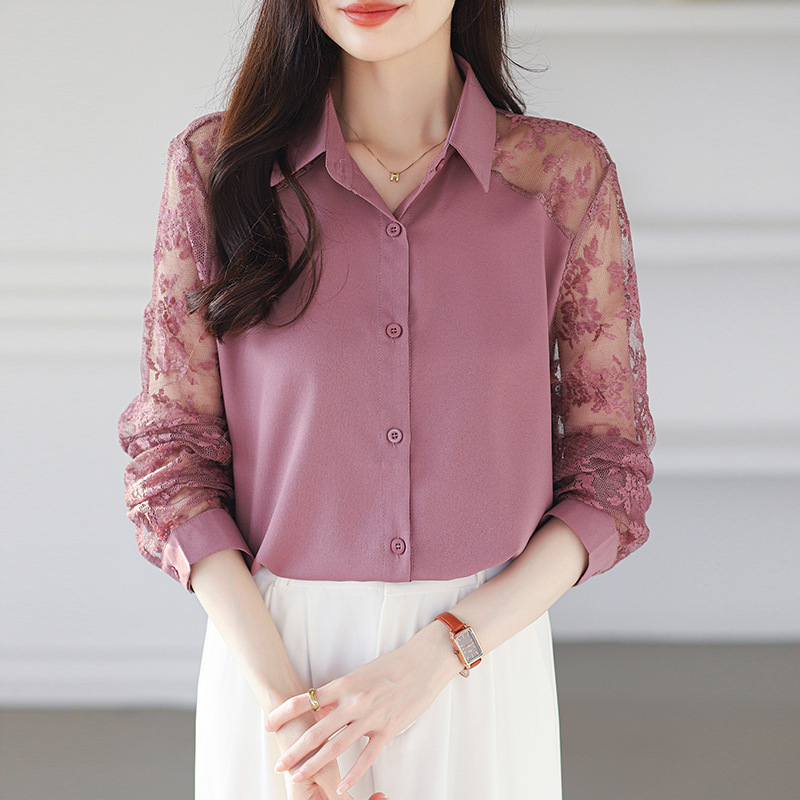 Lace unique shirt long sleeve splice tops for women