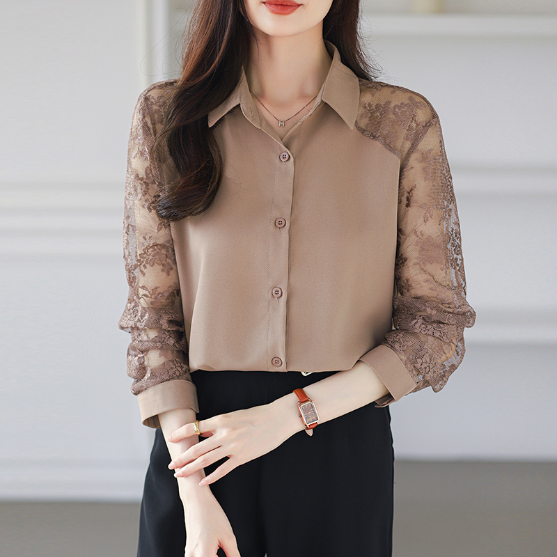 Lace unique shirt long sleeve splice tops for women