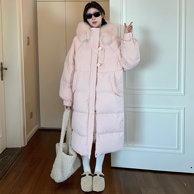 Korean style pink coat exceed knee winter down coat for women