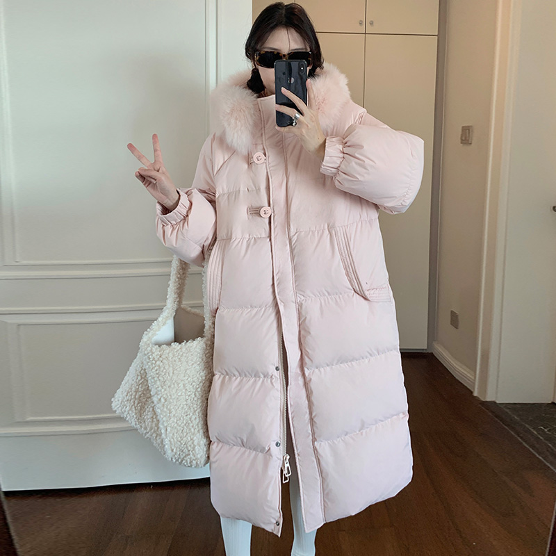 Korean style pink coat exceed knee winter down coat for women