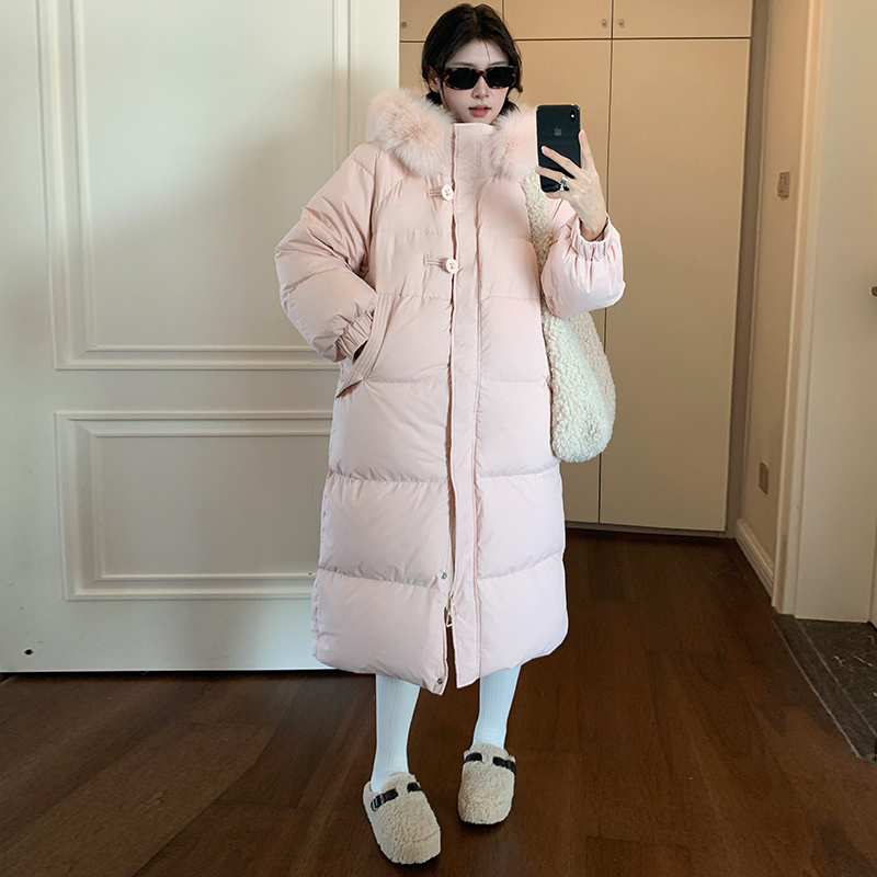 Korean style pink coat exceed knee winter down coat for women