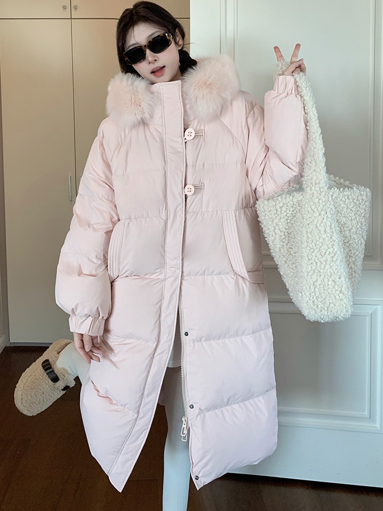 Korean style pink coat exceed knee winter down coat for women