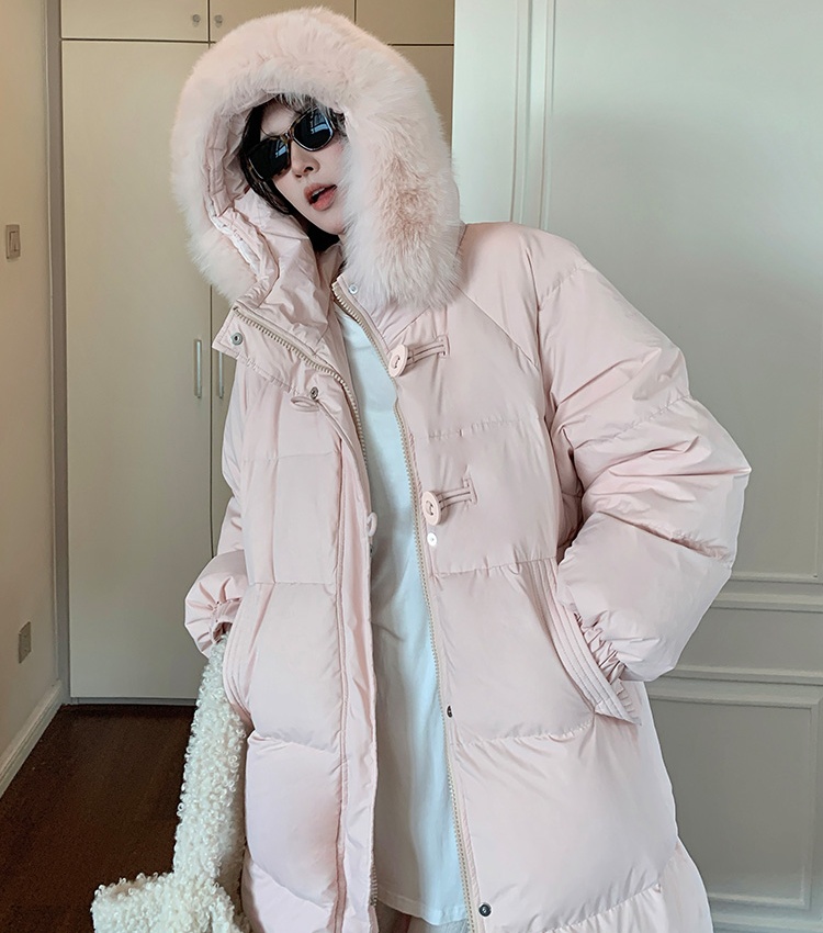 Korean style pink coat exceed knee winter down coat for women