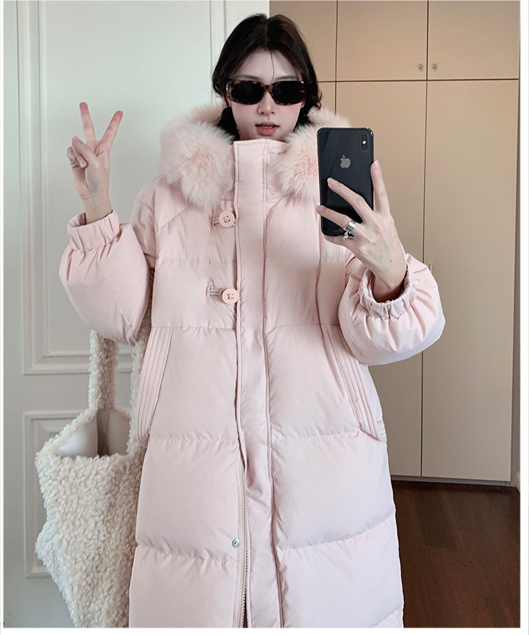 Korean style pink coat exceed knee winter down coat for women