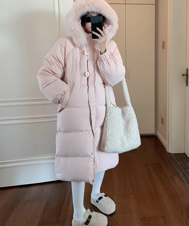 Korean style pink coat exceed knee winter down coat for women