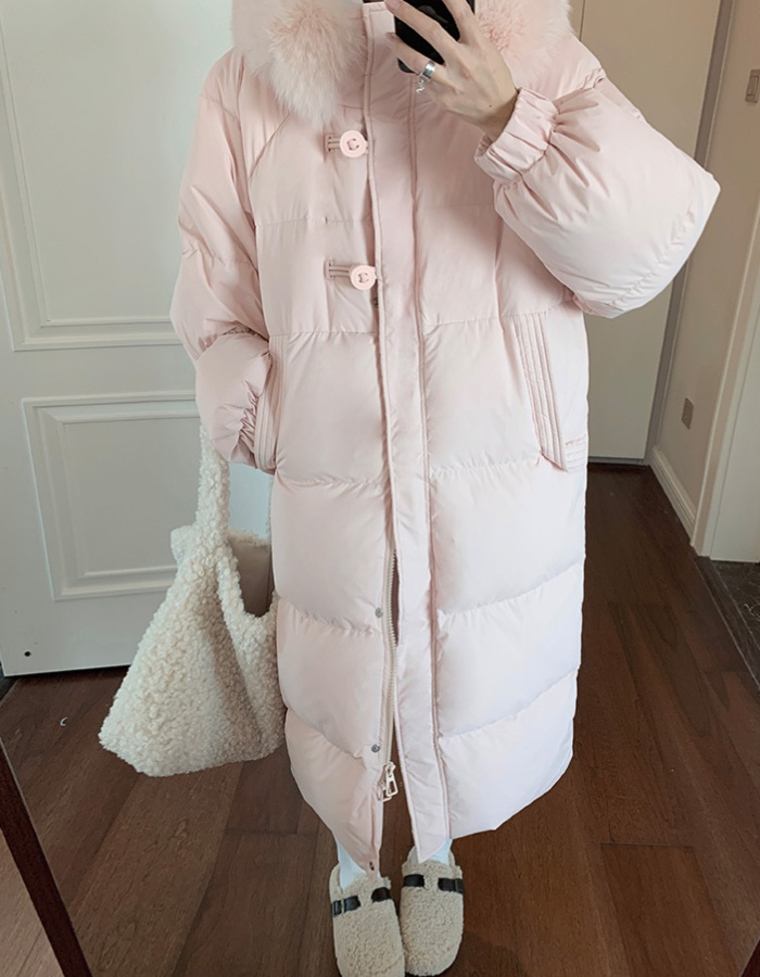 Korean style pink coat exceed knee winter down coat for women