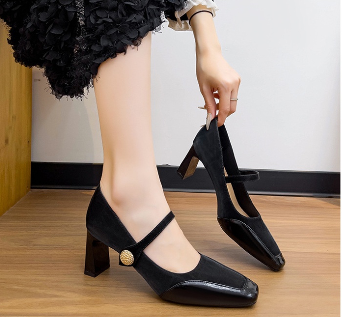 Square head high-heeled shoes retro shoes for women