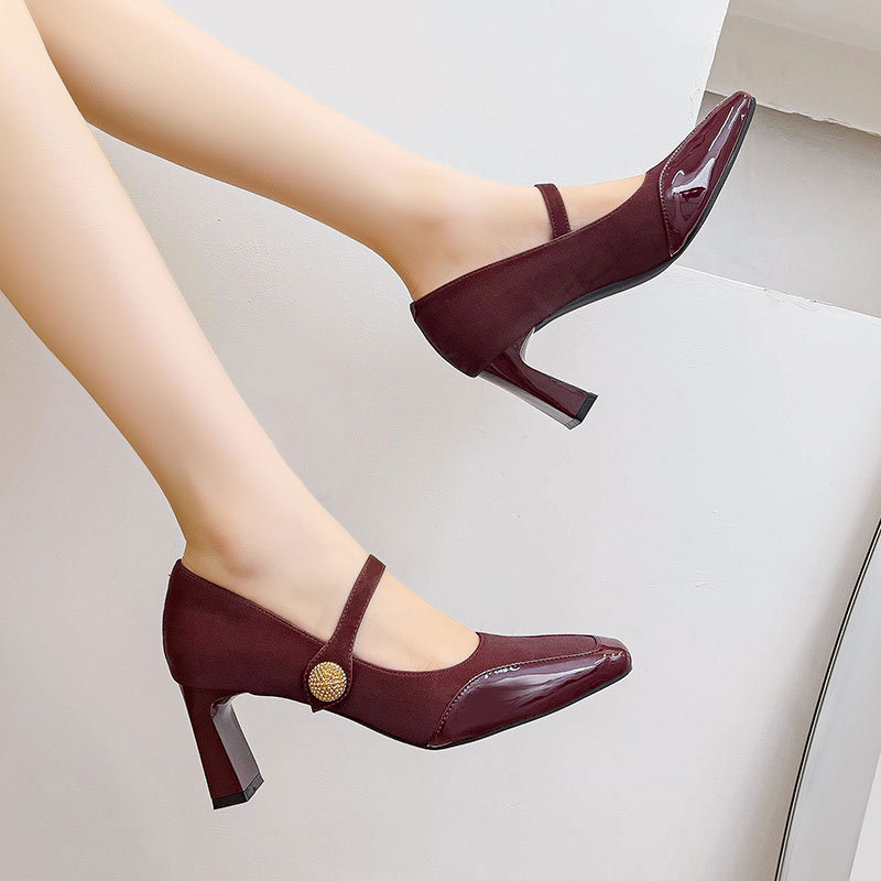 Square head high-heeled shoes retro shoes for women