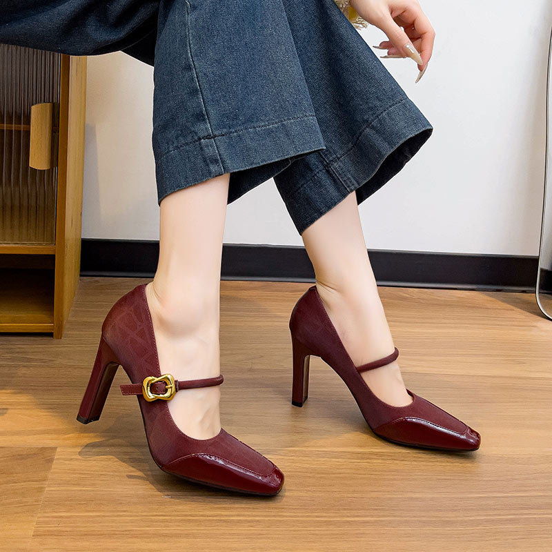 Spring shoes wine-red high-heeled shoes for women