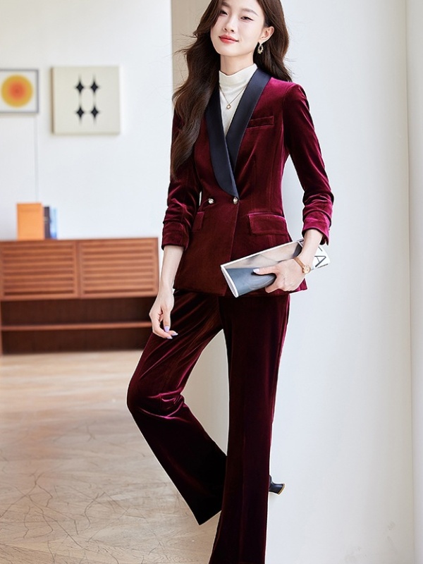 Golden velvet business suit fashion tops a set for women