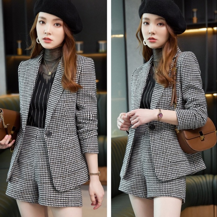 Casual shorts plaid business suit 2pcs set for women