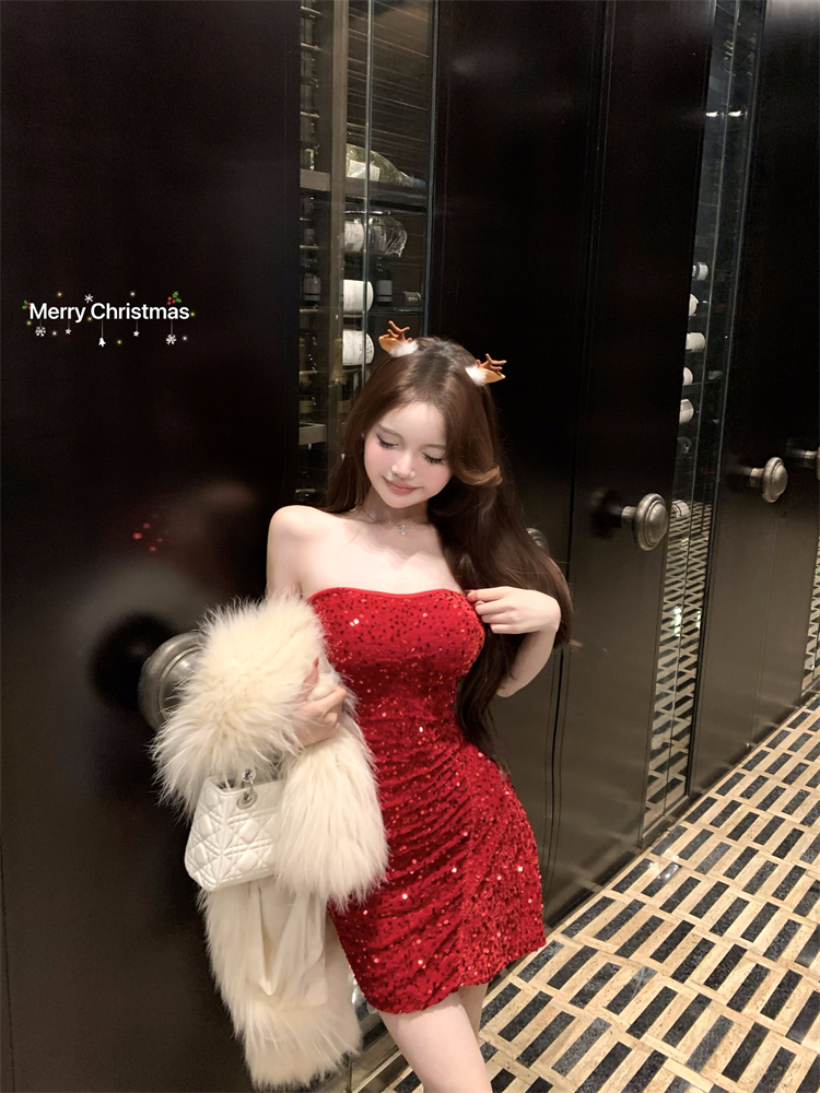 Wrapped chest banquet glitter irregular dress