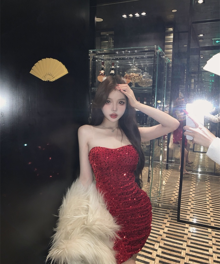 Wrapped chest banquet glitter irregular dress