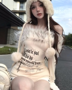 Slim flat shoulder fur collar spicegirl tops for women