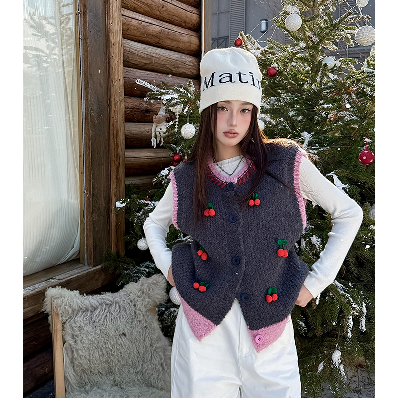 Mixed colors cherry sweater winter knitted vest for women