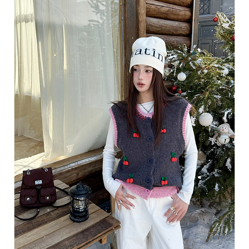 Mixed colors cherry sweater winter knitted vest for women